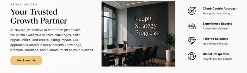 About section: Your Trusted Growth Partner, with four differentiators