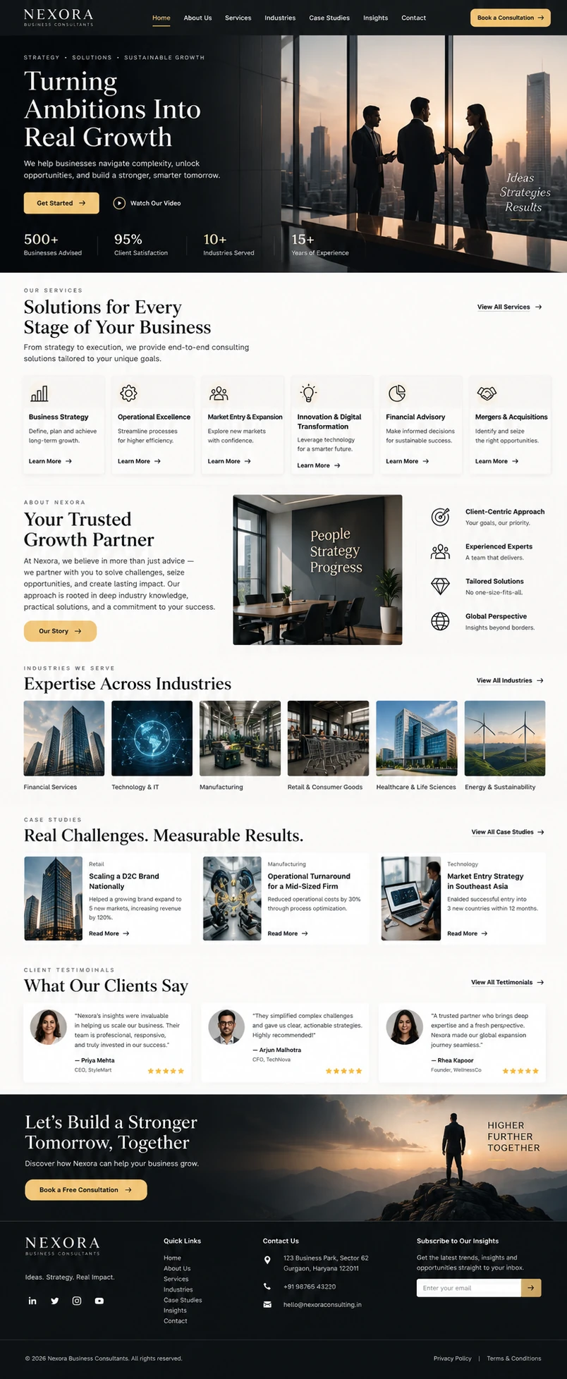 Full business consultancy website design from navigation through to footer