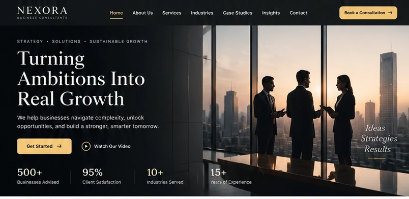 Consultancy website hero: Turning Ambitions Into Real Growth, with Get Started and Book a Consultation