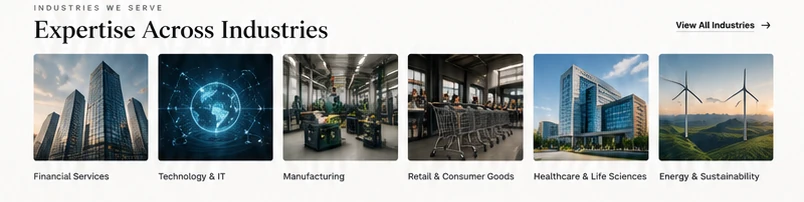 Expertise Across Industries: six industry cards with photography