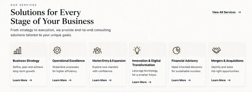 Six service cards: business strategy, operational excellence, market entry, innovation, financial advisory, mergers and acquisitions
