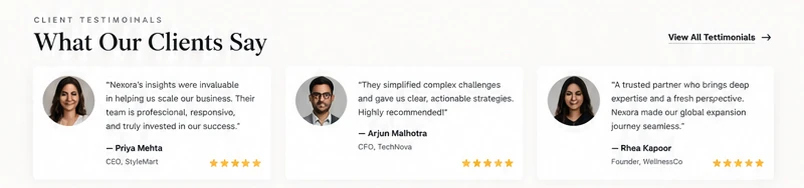 What Our Clients Say testimonials with client names and roles