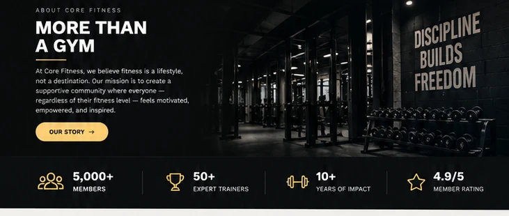 About section with gym interior and a row of key numbers