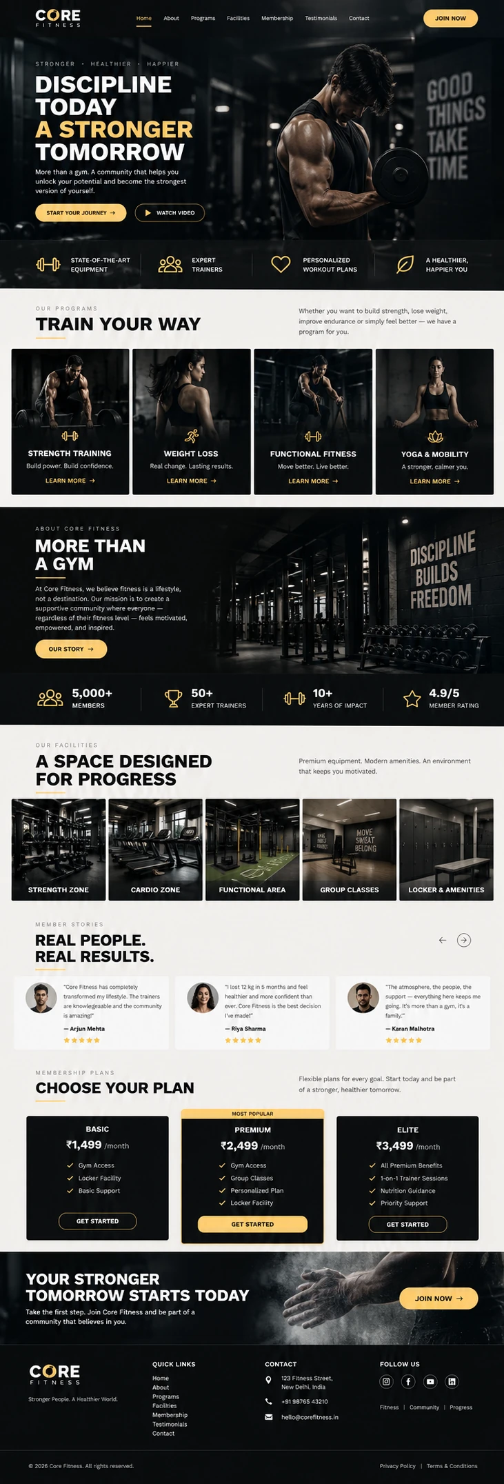 Full gym website design from navigation through to footer