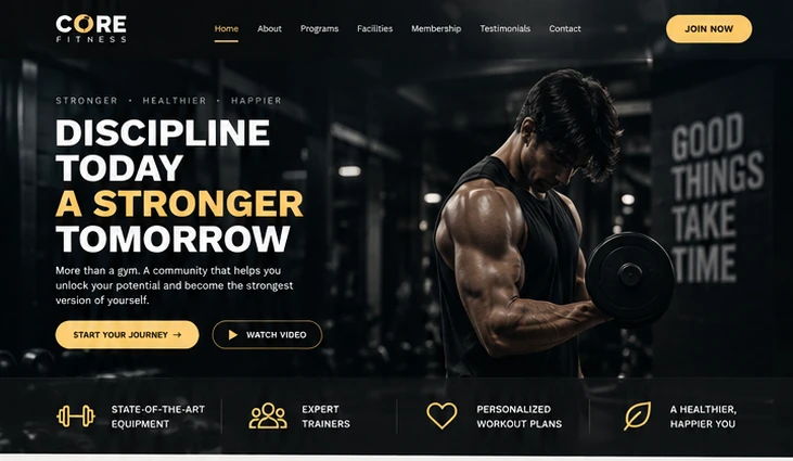Gym website hero: Discipline Today, A Stronger Tomorrow, with Start Your Journey and Watch Video buttons