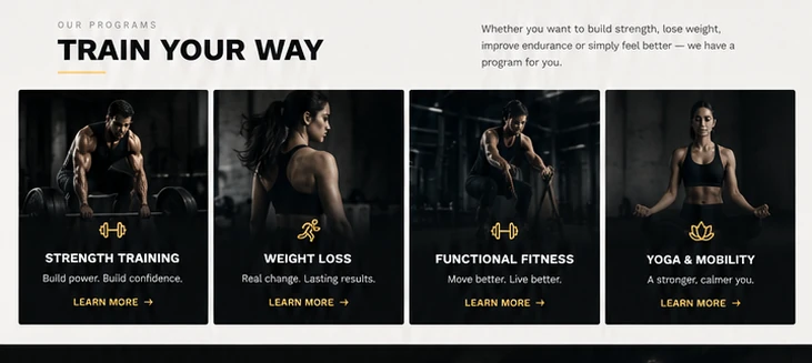 Programs section showing strength training, weight loss, functional fitness and yoga cards