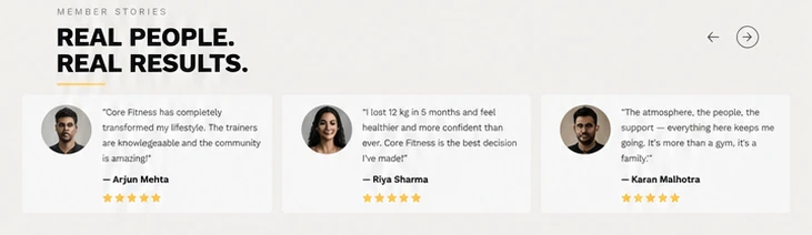 Member stories section with three member testimonials and star ratings