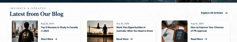 Latest articles section with three immigration guides