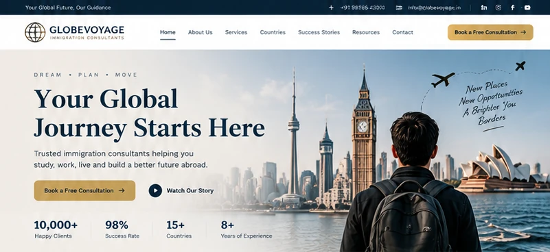 Immigration consultancy hero: Your Global Journey Starts Here, with consultation CTA and key figures