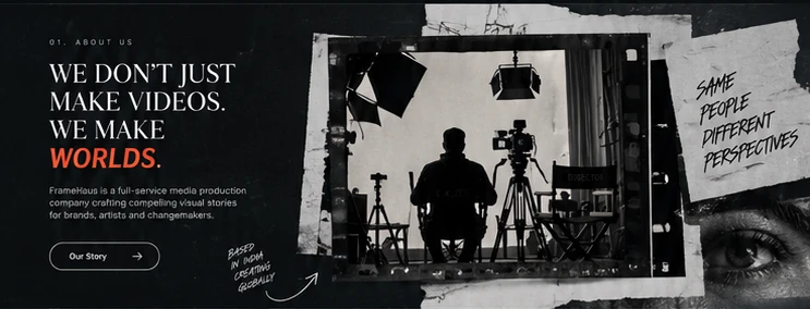 About section: We Don't Just Make Videos. We Make Worlds, with behind-the-scenes collage