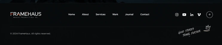 Footer with wordmark, navigation and social icons