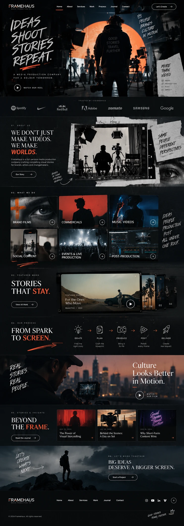 Full media production company website design from navigation through to footer