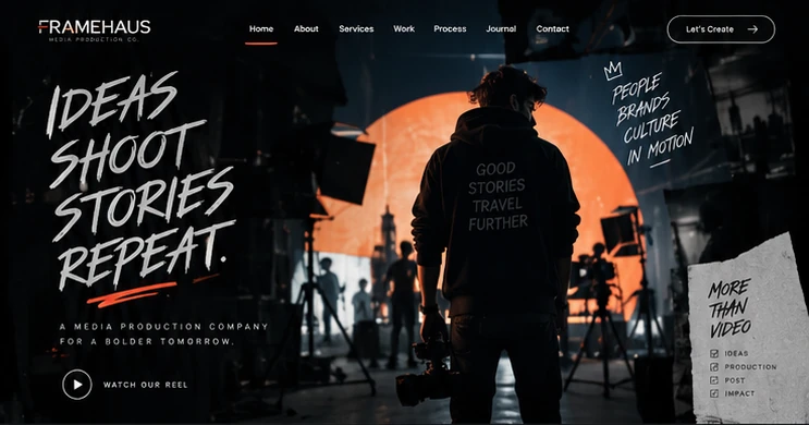 Media production website hero: Ideas Shoot Stories Repeat, with Watch Our Reel