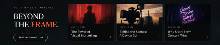 Journal section: Beyond The Frame, with three article cards