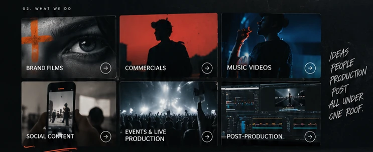 Six service tiles: brand films, commercials, music videos, social content, events and live, post-production