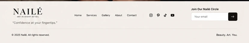 Footer with wordmark, navigation, social icons and newsletter signup