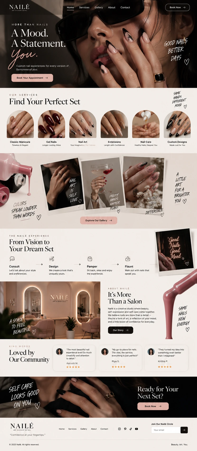 Full nail art studio website design from navigation through to footer