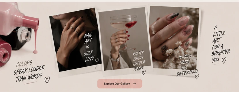 Polaroid-style gallery wall with handwritten captions and Explore Our Gallery button
