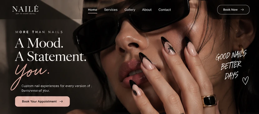 Nail studio website hero: A Mood. A Statement. You., with Book Your Appointment