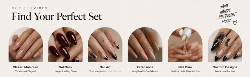 Six arched service tiles: classic manicure, gel nails, nail art, extensions, nail care, custom designs