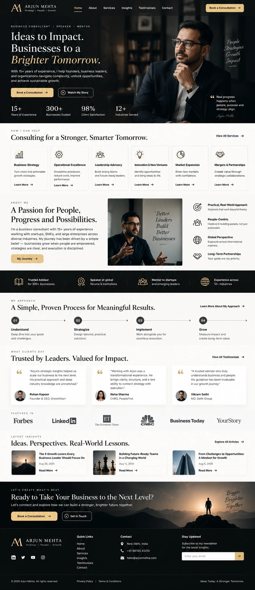 Full business consultant personal brand website design from navigation through to footer