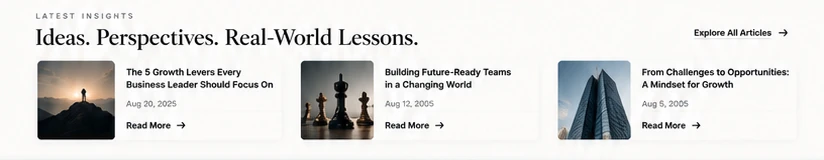 Latest insights: three published articles with thumbnails and dates
