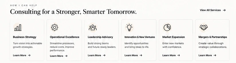 Six advisory service cards: business strategy, operational excellence, leadership advisory, innovation, market expansion, mergers and partnerships