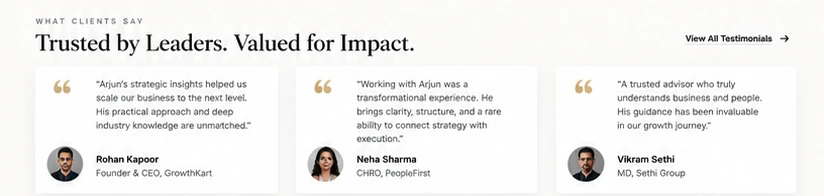 Client testimonials with named founders and executives