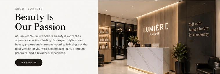 About section with salon reception interior photography