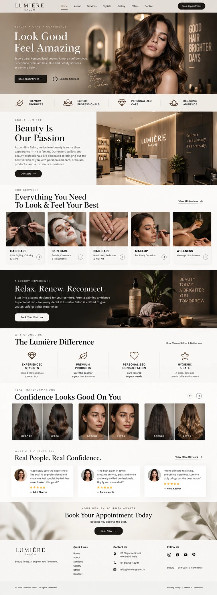 Full beauty salon website design from navigation through to footer