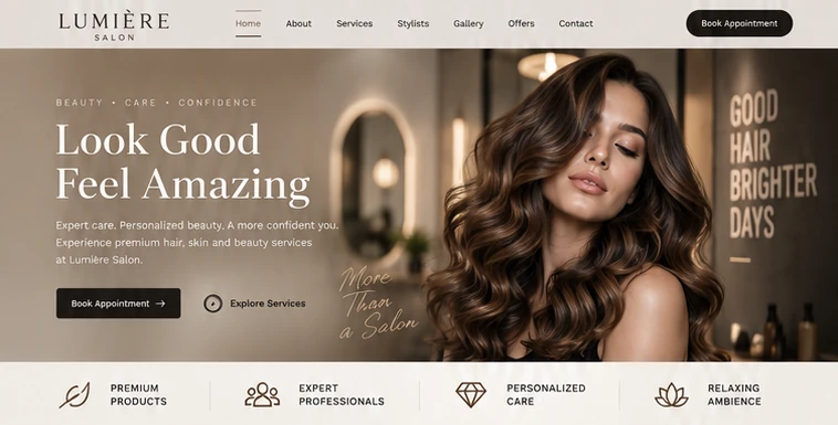 Salon website hero: Look Good Feel Amazing, with Book Appointment button and trust strip