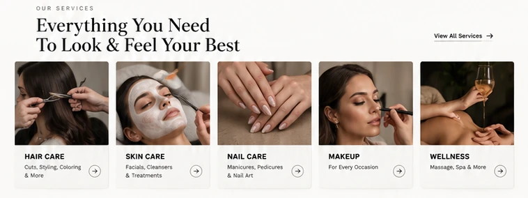 Five service cards: hair care, skin care, nail care, makeup and wellness