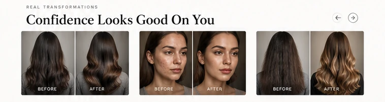 Before and after transformation gallery for hair and skin treatments