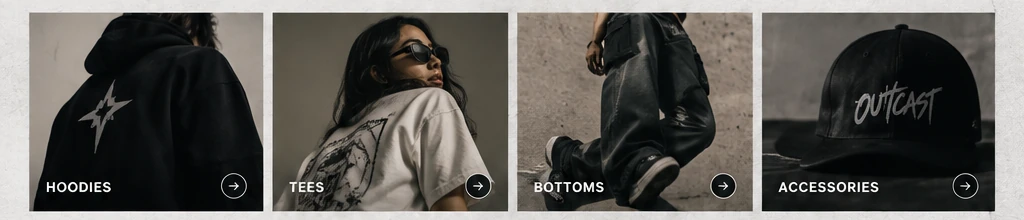 Four category tiles: hoodies, tees, bottoms and accessories, each a photograph