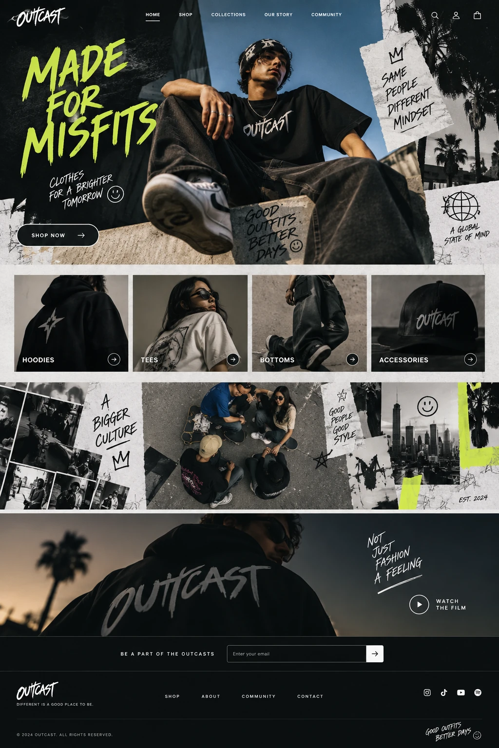 Full streetwear brand website design from navigation through to footer