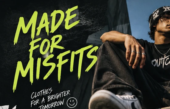 Close crop of the Made For Misfits headline in acid-green marker script